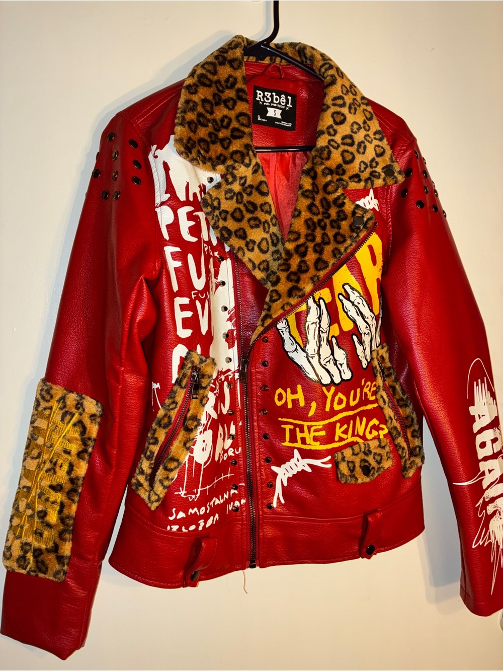 Rebel Red Leather “Escobar” Moto Jacket with Leopard Faux Fur Trim-Unisex